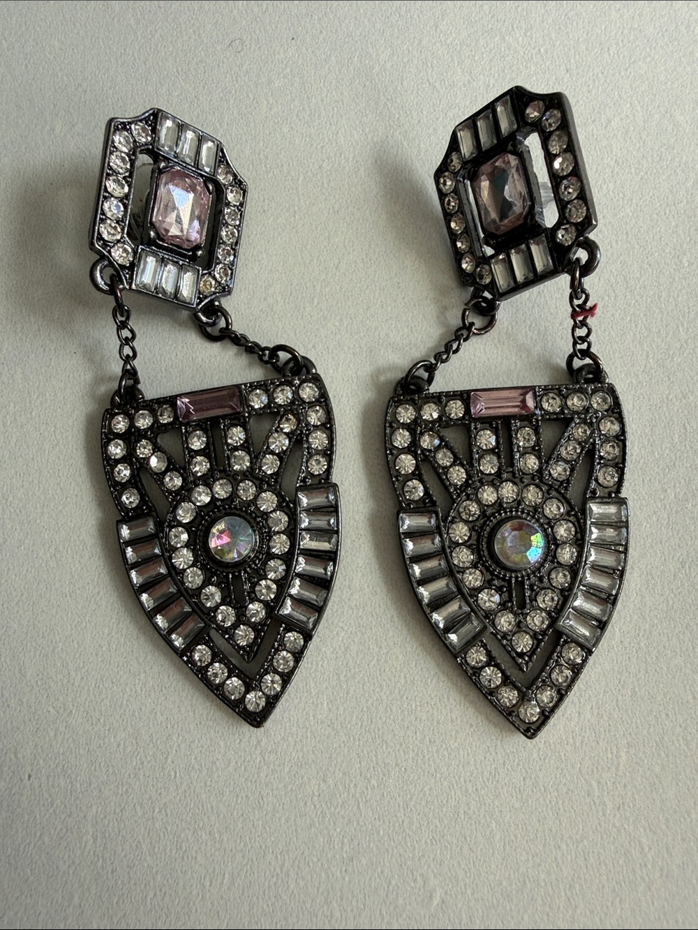 Source Unknown Black Metal Drop Earrings with Clear and Pale Pink Crystals
